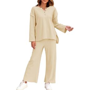 FANCYINN Women 2 Piece Outfits Sweatsuit Button Pullover Loose Top and Wide Leg Pants Lounge Set Tracksuit