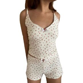 UAURORAO Women Y2k Two Piece Pajamas Sleeveless Crop Top High Waist Shorts Outfits Matching Cami Sets Pjs Sleepwear
