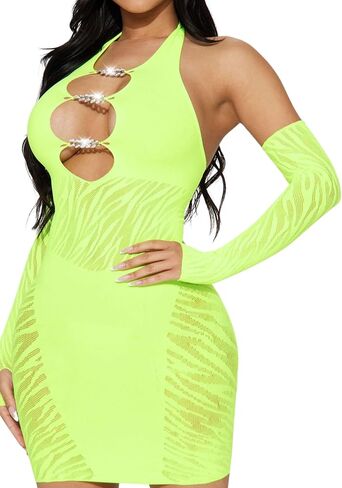 himifuns Women Sexy See Through Mesh Bodycon Dress Zebra Print Hollow Out Club Mini Dress in Saudi Arabia