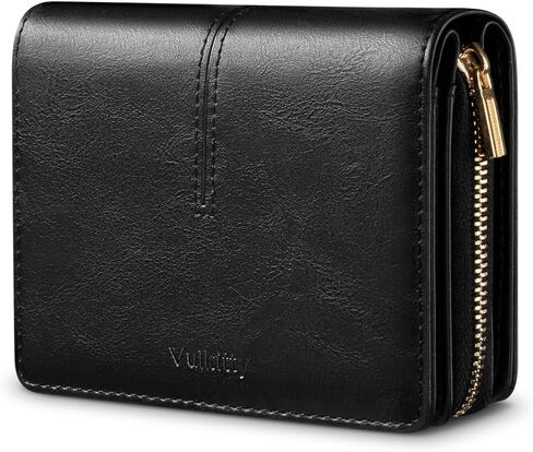 محفظة Vulkitty صغيرة للنساء، حامل بطاقات جلدي مزدوج الطي، RFID مع جيب للعملات المعدنية بسحاب، نافذة مزدوجة لبطاقة الهوية - تحمل 14 بطاقة ونقود سوداء in Kuwait