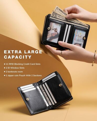 محفظة Vulkitty صغيرة للنساء، حامل بطاقات جلدي مزدوج الطي، RFID مع جيب للعملات المعدنية بسحاب، نافذة مزدوجة لبطاقة الهوية - تحمل 14 بطاقة ونقود سوداء in Kuwait