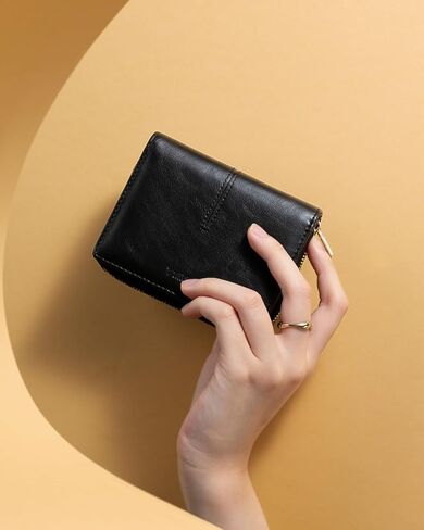 محفظة Vulkitty صغيرة للنساء، حامل بطاقات جلدي مزدوج الطي، RFID مع جيب للعملات المعدنية بسحاب، نافذة مزدوجة لبطاقة الهوية - تحمل 14 بطاقة ونقود سوداء in Kuwait