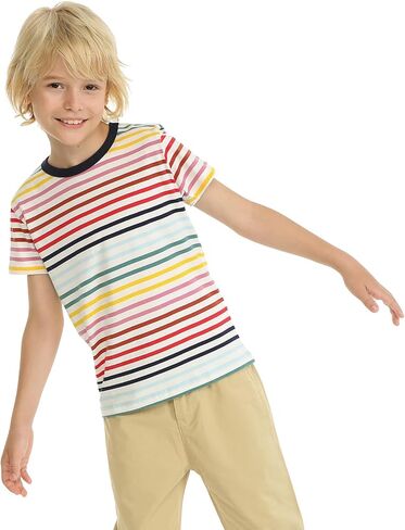 تي شيرت LittleSpring Boys Girls تي شيرت قطني مخطط بألوان قوس قزح برقبة دائرية للأطفال على الموضة in Kuwait