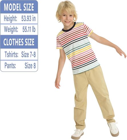 تي شيرت LittleSpring Boys Girls تي شيرت قطني مخطط بألوان قوس قزح برقبة دائرية للأطفال على الموضة in Kuwait