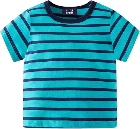 تي شيرت LittleSpring Boys Girls تي شيرت قطني مخطط بألوان قوس قزح برقبة دائرية للأطفال على الموضة in Kuwait