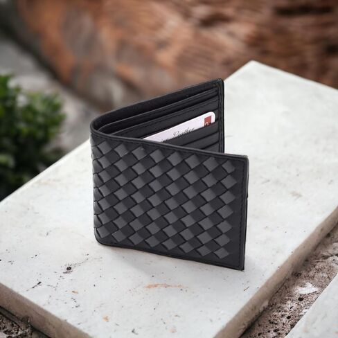 محفظة KUZE CLAN Premium Nappa Leather - محافظ ثنائية الطي للرجال بتصميم متقاطع متقاطع، 8 فتحات للبطاقات، صناعة يدوية متخصصة في حجب RFID، تغليف يستحق الهدية (أسود) in Saudi Arabia