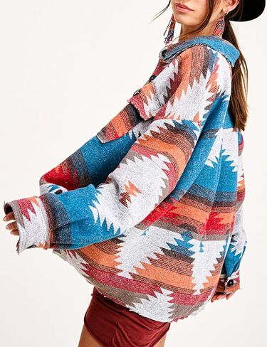 Athlisan Women's Aztec Print Shacket Lapel Botton Down Shirt Jacket in Kuwait