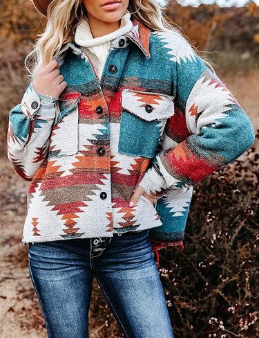 Athlisan Women's Aztec Print Shacket Lapel Botton Down Shirt Jacket in Kuwait