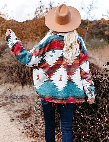 Athlisan Women's Aztec Print Shacket Lapel Botton Down Shirt Jacket in Kuwait