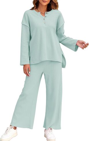 FANCYINN Women 2 Piece Outfits Sweatsuit Button Pullover Loose Top and Wide Leg Pants Lounge Set Tracksuit in Kuwait