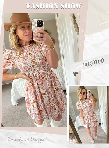 فساتين Dokotoo النسائية بوهو بياقة دائرية وأكمام منتفخة ورباط خلفي وخصر إمبراطوري فساتين قصيرة على الشاطئ in Kuwait