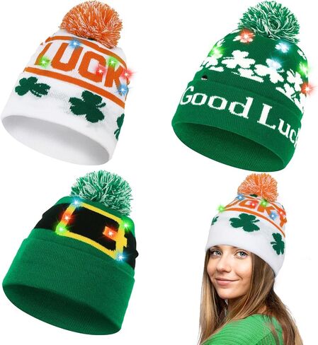OurWarm 3 Pcs Light up St Patricks Day Hats for Women, Green Beanie Hats for Men Winter Hat, Lucky Irish hat Knit Cap in Saudi Arabia