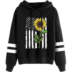 TICTICMIMI Women Sunflower Print Sweatshirts Color Block Long Sleeve Hoodies Lightweight Drawstring Pullover Tops