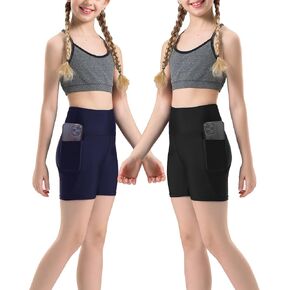 Yilisha 2 Packs Girl's Sport Spandex Compression Shorts Volleyball Athletics Swim Shorts Yoga 2 Side Pockets Bike Shorts