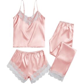 Vrtige Women's 3 Piece Satin Pajamas Set Lace Cami Top and Shorts with Pants PJs Sleepwear Set