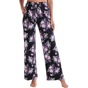 X-Image سروال بيجامة نسائي كاجوال مريح مع جيوب ورباط للشاطئ سروال يوغا مصبوغ بربطة عنق زهرة سوداء 2، XXL in Kuwait