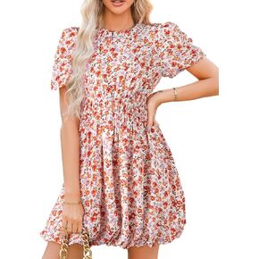 Dokotoo Womens Boho Dresses Crewneck Puff Sleeve Tie Back Smocked Empire Waist Beach Floral Mini Dresses in Kuwait