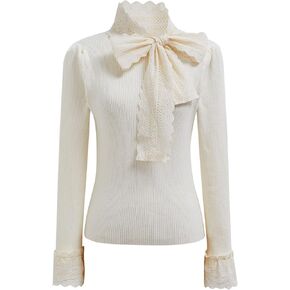 CHICWISH المرأة Bowknot كم طويل متماسكة الأعلى المطرزة العيينة أنيقة مضلع البلوز القمم البلوز in Kuwait