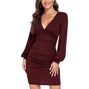 GLOWSUMM Women's Sexy V-Neck Long Sleeve High Waist Ruched Bodycon Cocktail Party Mini Dress in Kuwait