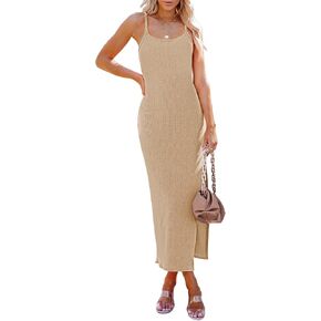 Pink Queen Women's Sleeveless Bodycon Slip Dress Spaghetti Strap Backless Ribbed Split Maxi Long Dresses in Kuwait