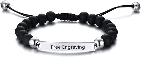ZKXXJ Personalized Free Engraving Stainless Steel Bracelets for Men Women - Adjustable Matte Beaded Onyx Cuff Bracelet Text Customized Birthday Christmas Anniversary Jewelry Gift for Him Her in Saudi Arabia