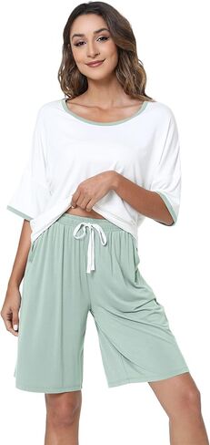 LazyCozy طقم بيجامة نسائي شورت برمودا بأكمام علوية مكون من قطعتين - فسكوز مصنوع من الخيزران in Kuwait