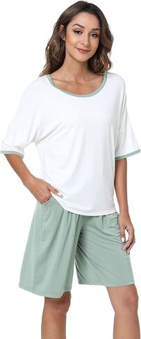 LazyCozy طقم بيجامة نسائي شورت برمودا بأكمام علوية مكون من قطعتين - فسكوز مصنوع من الخيزران in Kuwait