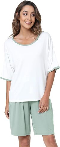 LazyCozy طقم بيجامة نسائي شورت برمودا بأكمام علوية مكون من قطعتين - فسكوز مصنوع من الخيزران in Kuwait
