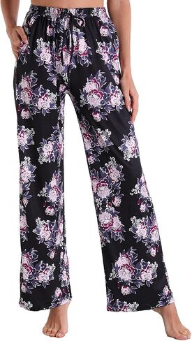 X-Image سروال بيجامة نسائي كاجوال مريح مع جيوب ورباط للشاطئ سروال يوغا مصبوغ بربطة عنق زهرة سوداء 2، XXL in Kuwait