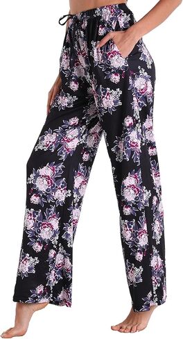X-Image سروال بيجامة نسائي كاجوال مريح مع جيوب ورباط للشاطئ سروال يوغا مصبوغ بربطة عنق زهرة سوداء 2، XXL in Kuwait