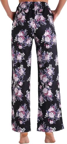 X-Image سروال بيجامة نسائي كاجوال مريح مع جيوب ورباط للشاطئ سروال يوغا مصبوغ بربطة عنق زهرة سوداء 2، XXL in Kuwait