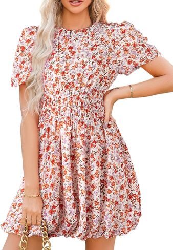 فساتين Dokotoo النسائية بوهو بياقة دائرية وأكمام منتفخة ورباط خلفي وخصر إمبراطوري فساتين قصيرة على الشاطئ in Kuwait