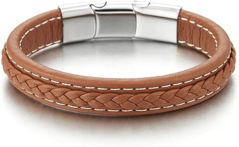 COOLSTEELANDBEYOND Men Women Brown Braided Leather Bangle Bracelet with White Stitches and Steel Magnetic Clasp in Saudi Arabia