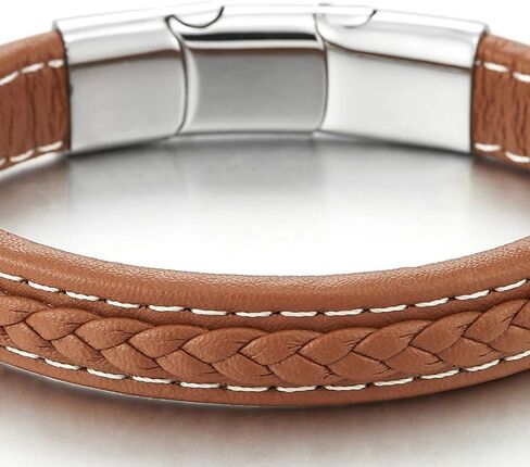 COOLSTEELANDBEYOND Men Women Brown Braided Leather Bangle Bracelet with White Stitches and Steel Magnetic Clasp in Saudi Arabia