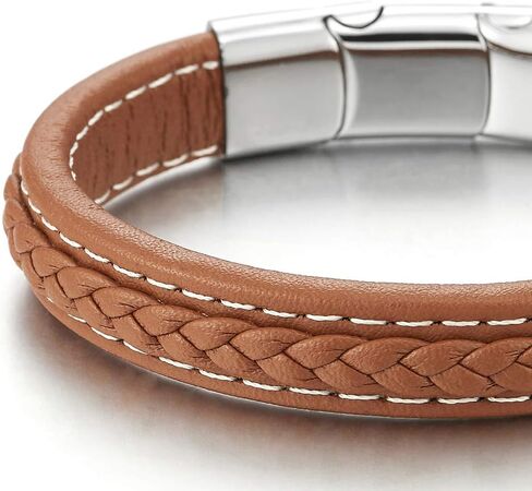 COOLSTEELANDBEYOND Men Women Brown Braided Leather Bangle Bracelet with White Stitches and Steel Magnetic Clasp in Saudi Arabia