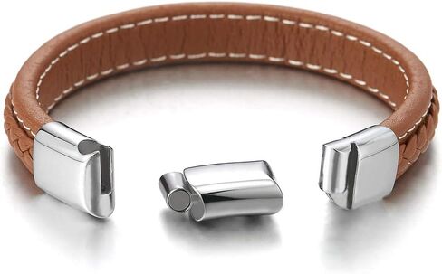 COOLSTEELANDBEYOND Men Women Brown Braided Leather Bangle Bracelet with White Stitches and Steel Magnetic Clasp in Saudi Arabia
