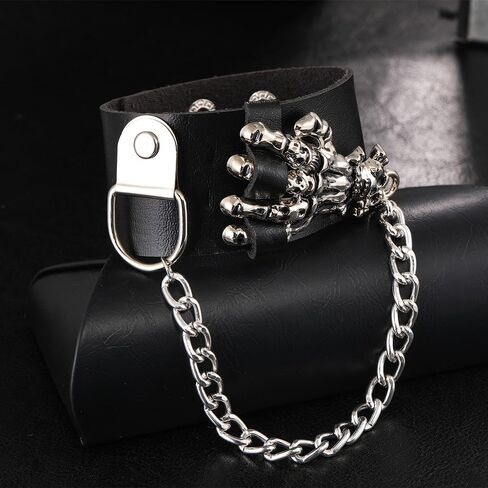 BaBakiak Gothic Leather Bracelet with Finger Bone, Punk Leather Wristband with Skull for Halloween Party, no gemstone in Kuwait