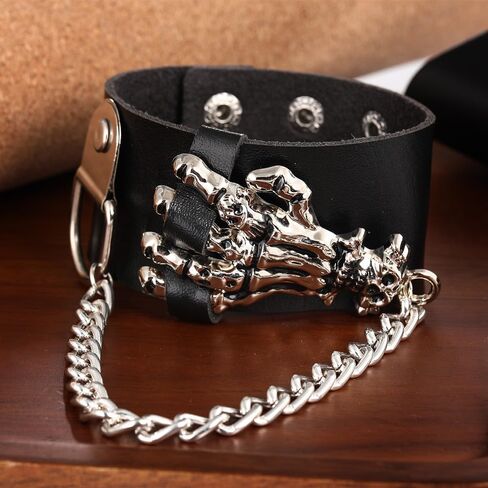 BaBakiak Gothic Leather Bracelet with Finger Bone, Punk Leather Wristband with Skull for Halloween Party, no gemstone in Kuwait