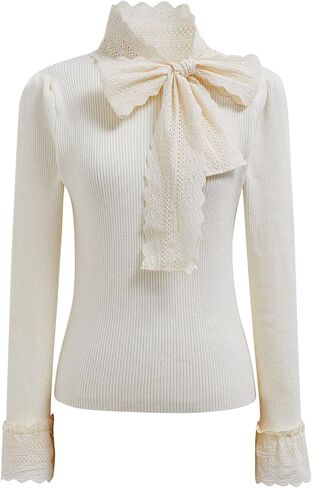 CHICWISH Women Bowknot Long Sleeve Knit Top Embroidered Eyelet Elegant Ribbed Pullover Tops Jumper in Saudi Arabia