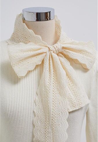 CHICWISH Women Bowknot Long Sleeve Knit Top Embroidered Eyelet Elegant Ribbed Pullover Tops Jumper in Saudi Arabia