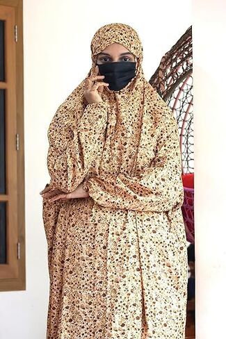 فستان صلاة اسلامي للنساء من سي ار اس جي - مقاس واحد، فستان اسلامي مع حجاب، جلباب/نيسكاراكوبايام/نماز خمار/ ملابس صلاة نقاب خمر، ملابس صلاة اسلامية فاخرة، طباعة بني فاتح in Kuwait