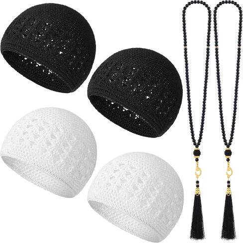 Bunnycool 6 Pieces Kufi Hats and Muslim Prayer Beads for Men Prayer Cap Breathable Skull Crochet Cap Muslim Tasbih 99 Beads for Women Muslim Ramadan Gifts Helmet Liner Black White in Saudi Arabia