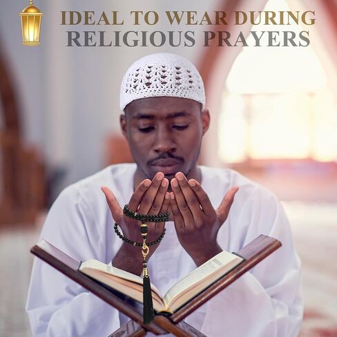 Bunnycool 6 Pieces Kufi Hats and Muslim Prayer Beads for Men Prayer Cap Breathable Skull Crochet Cap Muslim Tasbih 99 Beads for Women Muslim Ramadan Gifts Helmet Liner Black White in Saudi Arabia