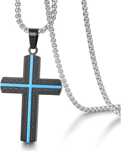 Zillaly Men's Stainless Steel Cross Necklace with Black and Blue Pendant for Boys Birthday Gift for Husband Father Boyfriend Son in Saudi Arabia