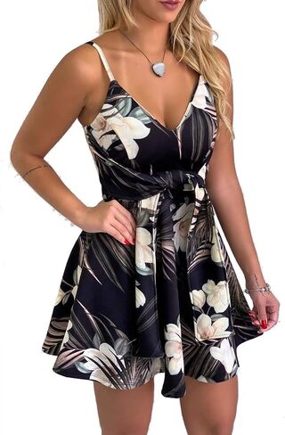 CASURESS Womens Dresses V Neck Mini Floral Spaghetti Strap Tie Knot Front Flowy Pleated Swing Dress in Kuwait