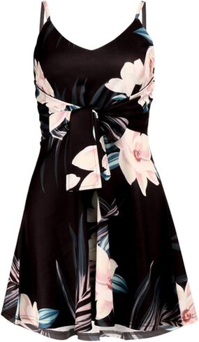 CASURESS Womens Dresses V Neck Mini Floral Spaghetti Strap Tie Knot Front Flowy Pleated Swing Dress in Kuwait