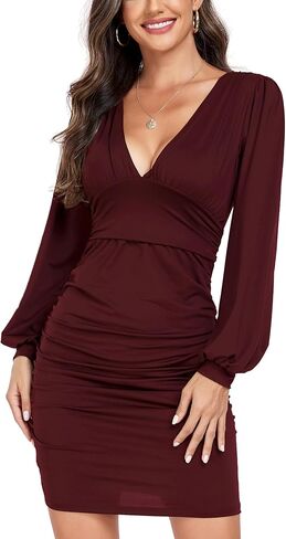 GLOWSUMM Women's Sexy V-Neck Long Sleeve High Waist Ruched Bodycon Cocktail Party Mini Dress in Kuwait