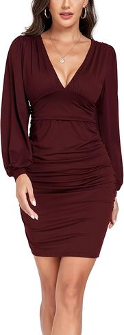GLOWSUMM Women's Sexy V-Neck Long Sleeve High Waist Ruched Bodycon Cocktail Party Mini Dress in Kuwait