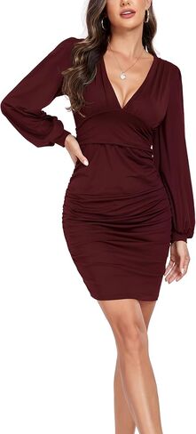 GLOWSUMM Women's Sexy V-Neck Long Sleeve High Waist Ruched Bodycon Cocktail Party Mini Dress in Kuwait