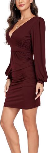 GLOWSUMM Women's Sexy V-Neck Long Sleeve High Waist Ruched Bodycon Cocktail Party Mini Dress in Kuwait